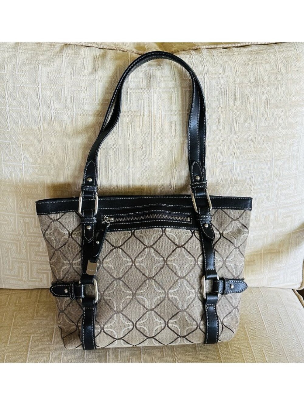 Nine West VTG Brown Hobo Shoulder Bag Purse Faux Leather Canvas EUC